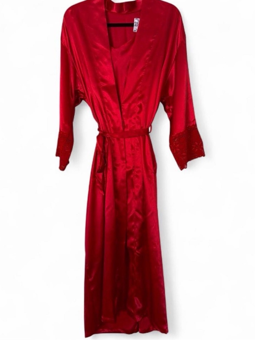 Luxurious 2-Piece Red Satin Maxi Robe & Coordinated Nightgown – Lace Trim Cuffs